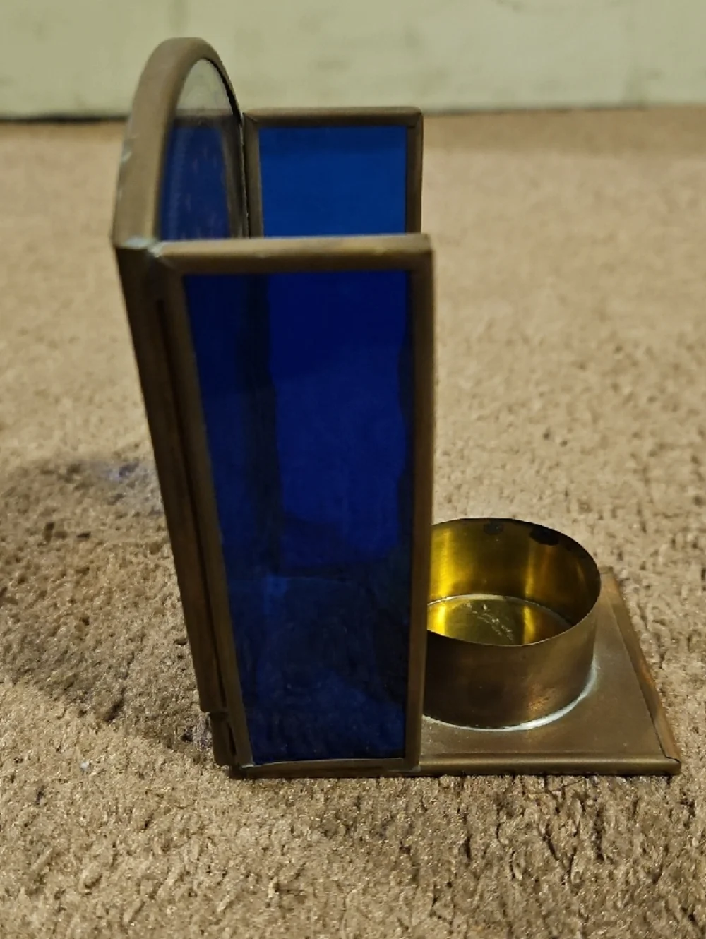 Vintage Enesco Blue Glass & Brass Tealight Candle Holder - Picture 2 of 6